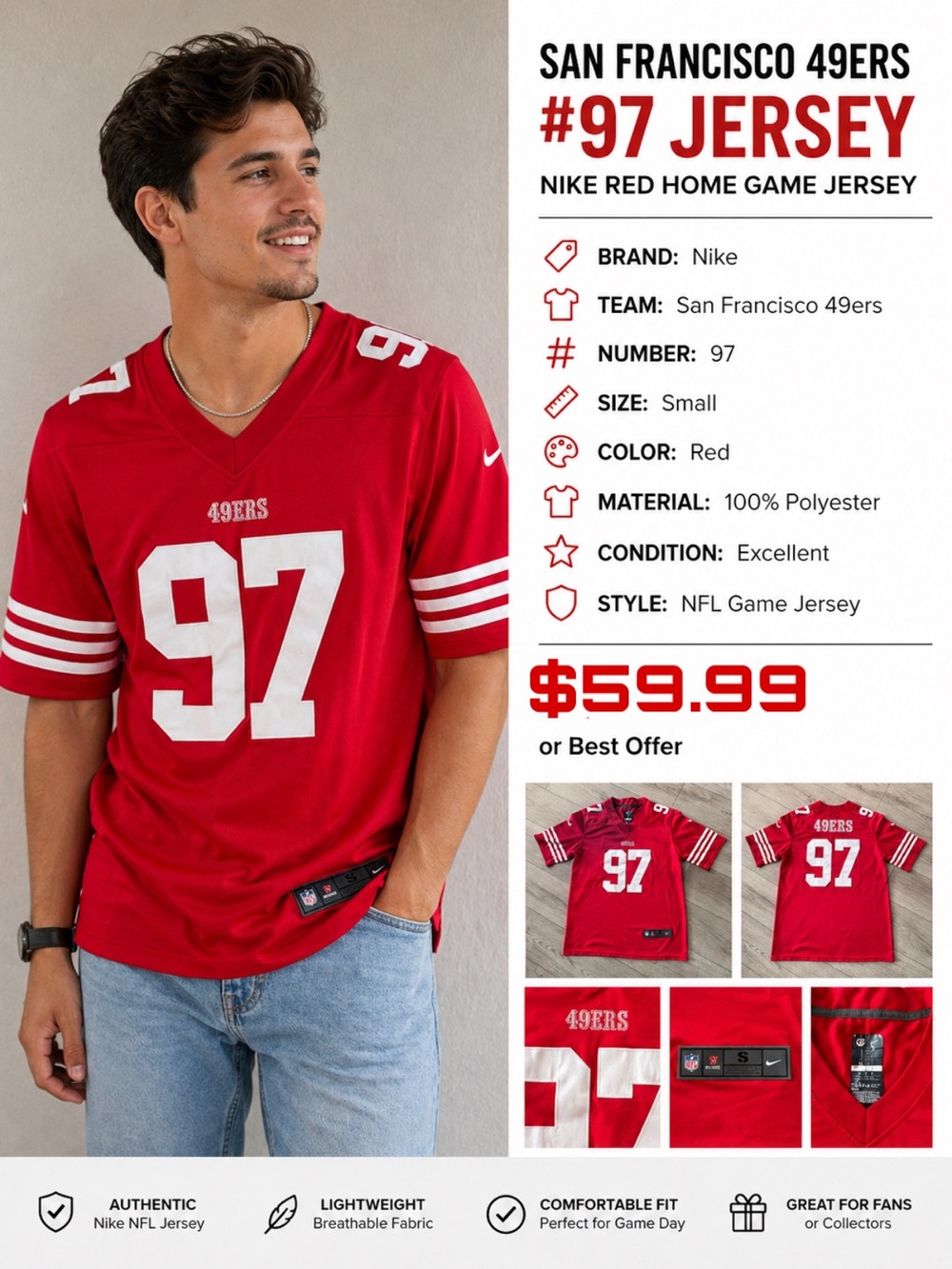 Nike Men's Nick Bosa #97 Red On-Field Jersey San Francisco 49ers Size Small